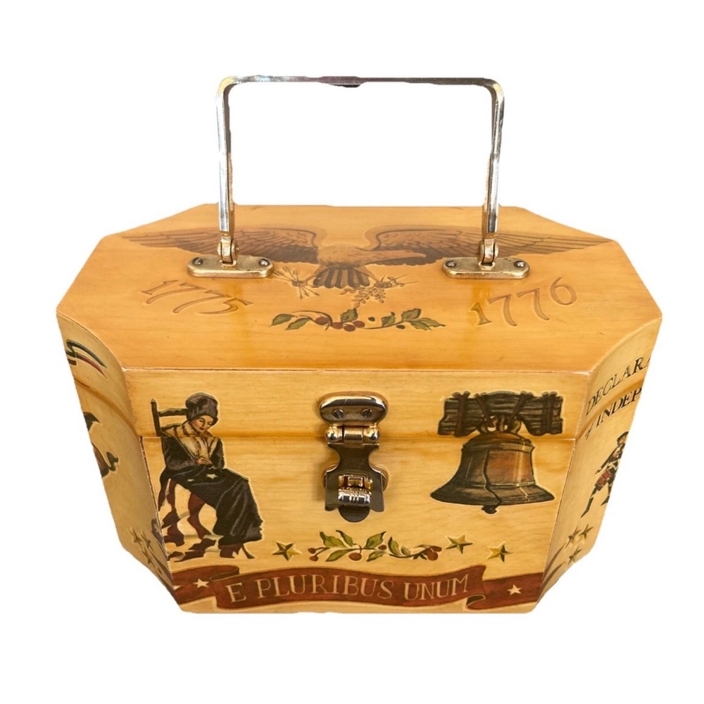 Unique Vintage Handmade Decoupage Patriotic Wooden Keepsake Box Golden Handle